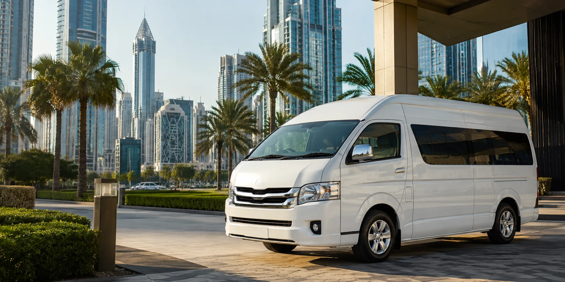 Modern white passenger van in a Dubai business district