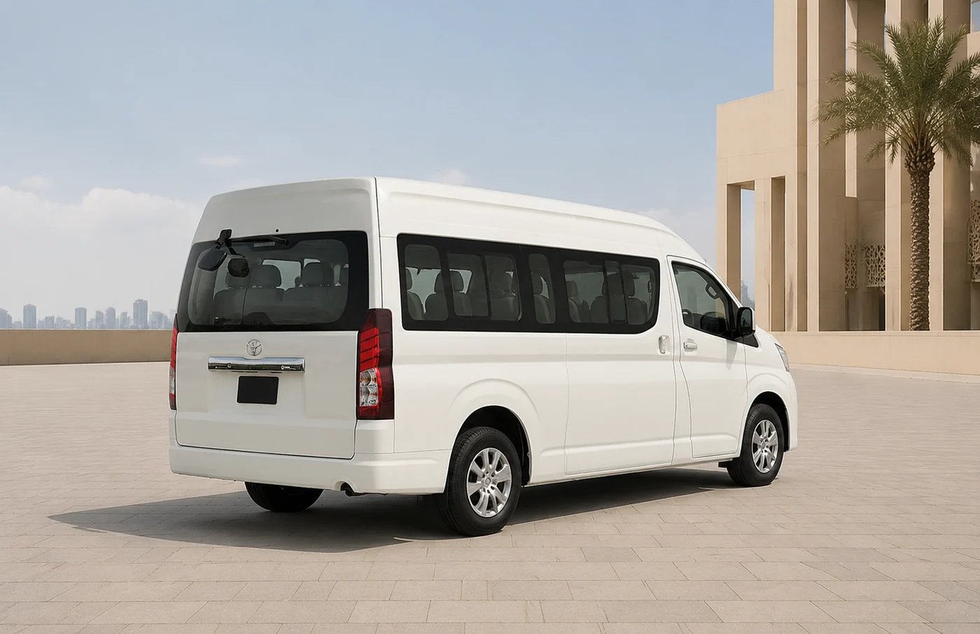 Side view of a 12 seater passenger van used for group transport in Dubai