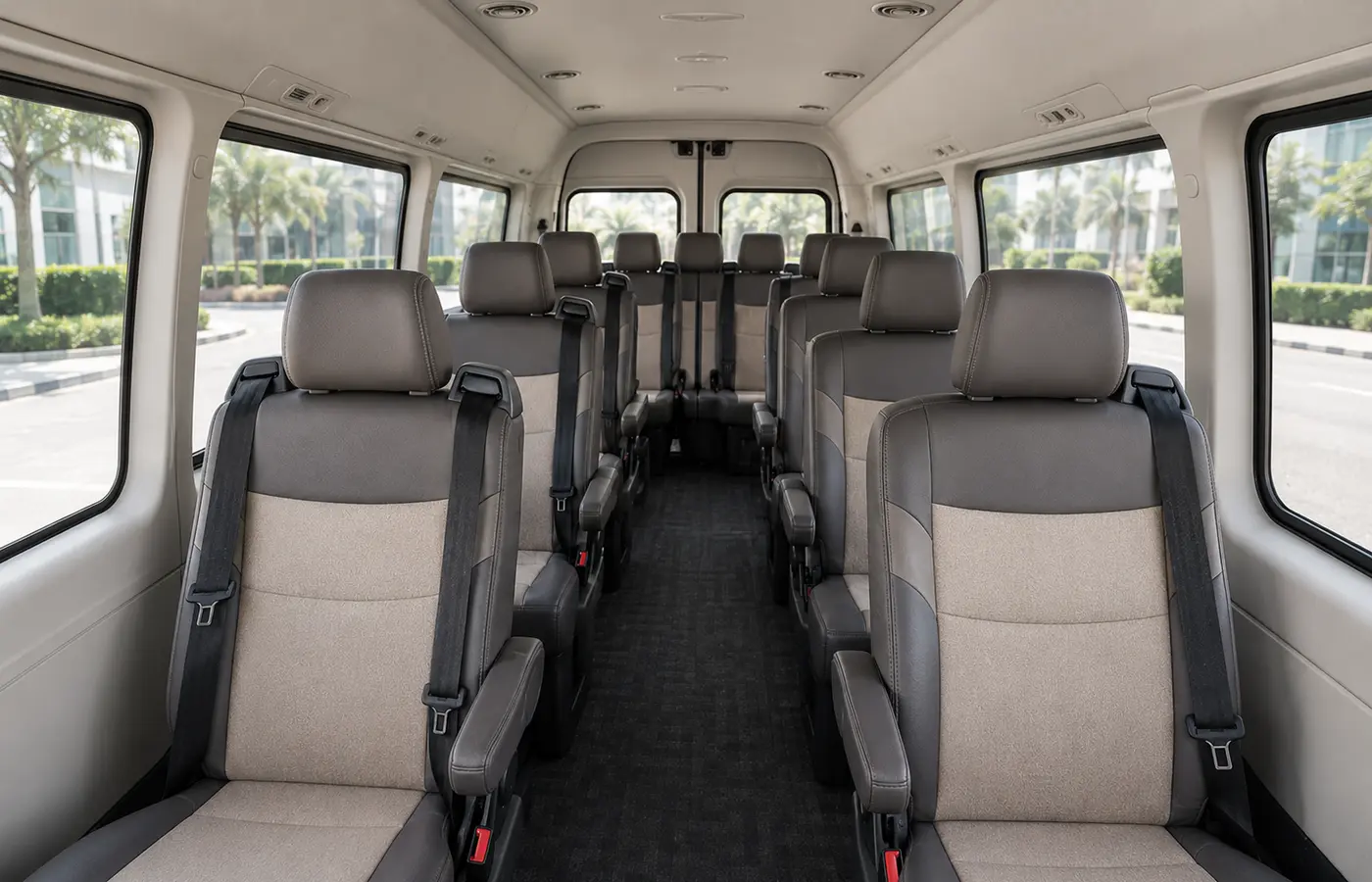 Passenger interior and multi-row seating of a 13 seater van