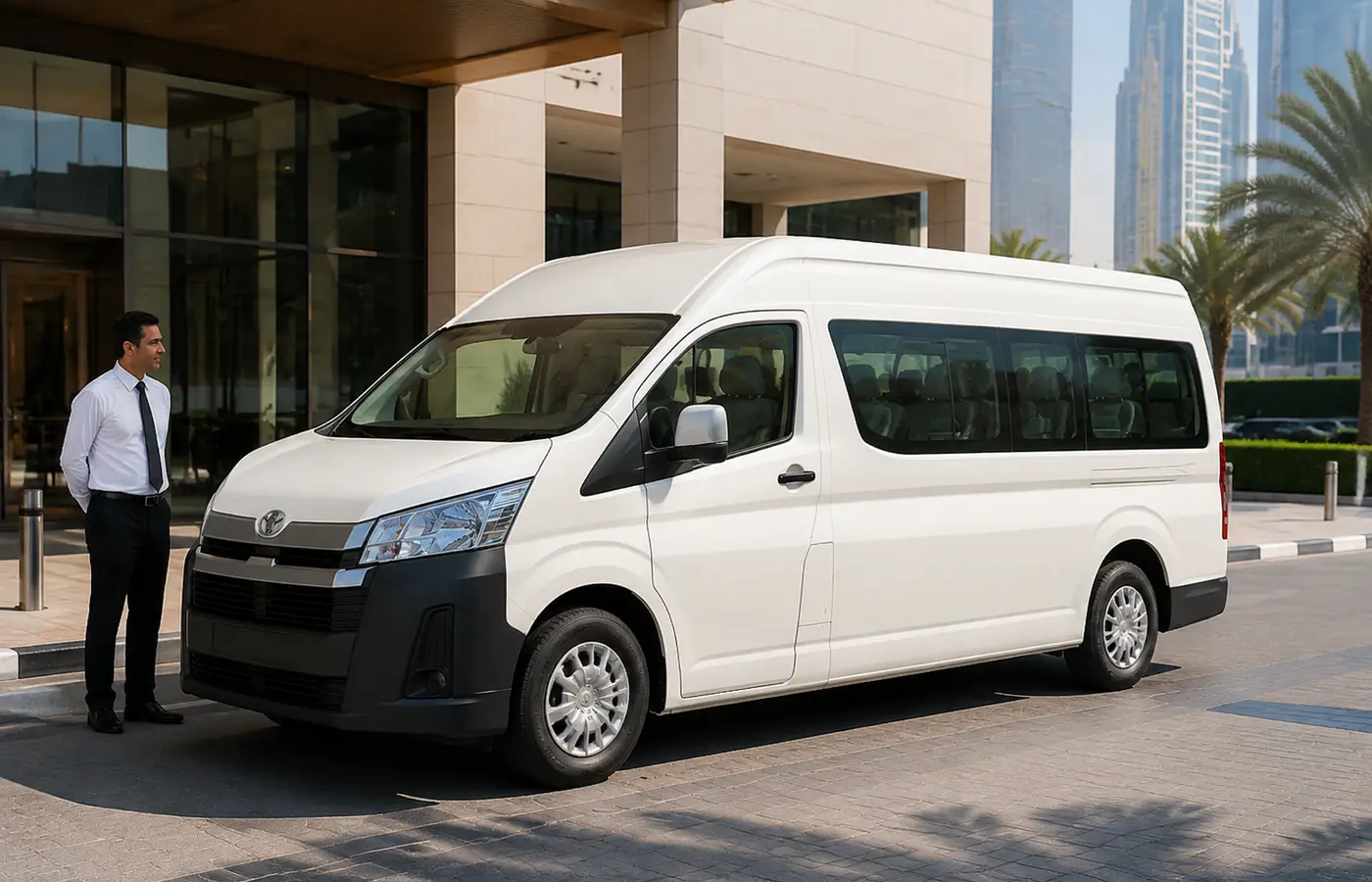 Side view of a 13 seater passenger van for group transport in Dubai