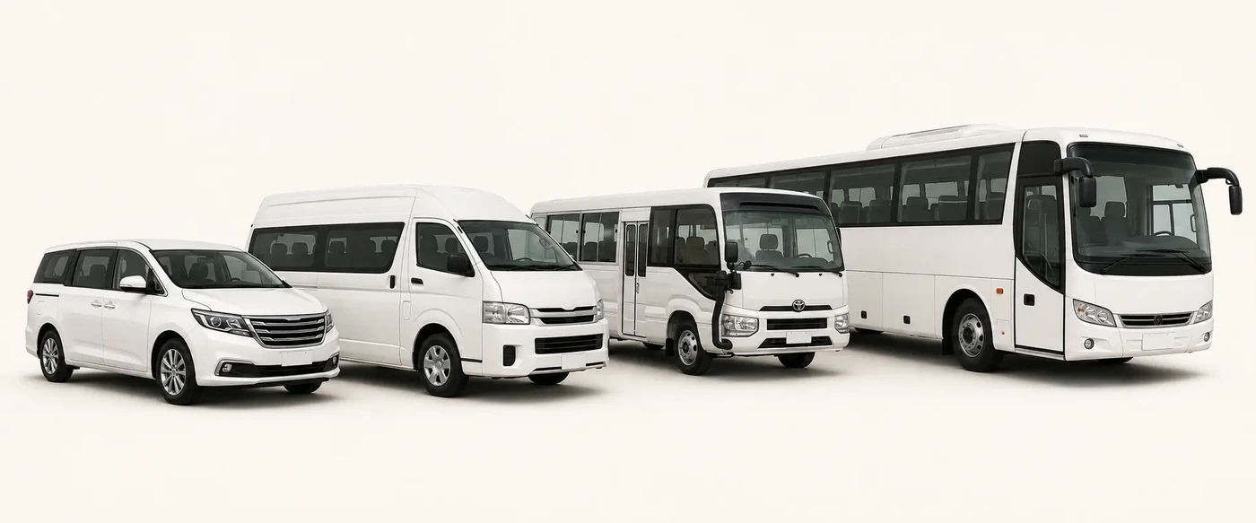 Bus World vehicle lineup with van, minibus and coach options for group transport