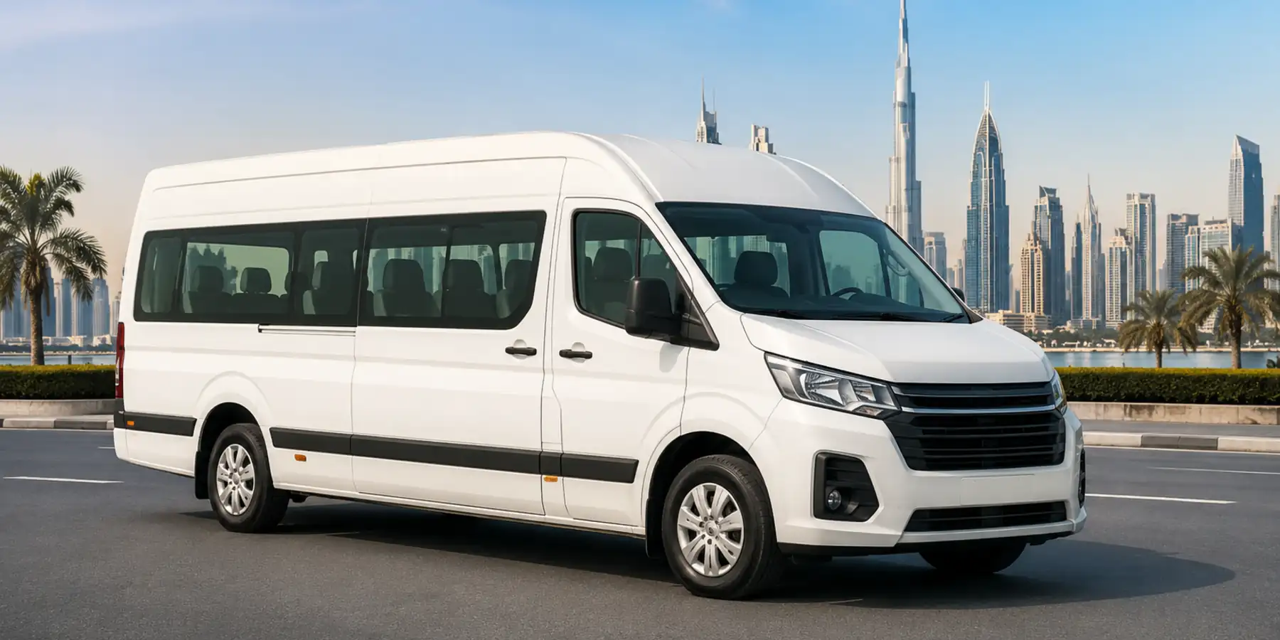 White Toyota Hiace-style 14-seater passenger vehicle on a modern Dubai road
