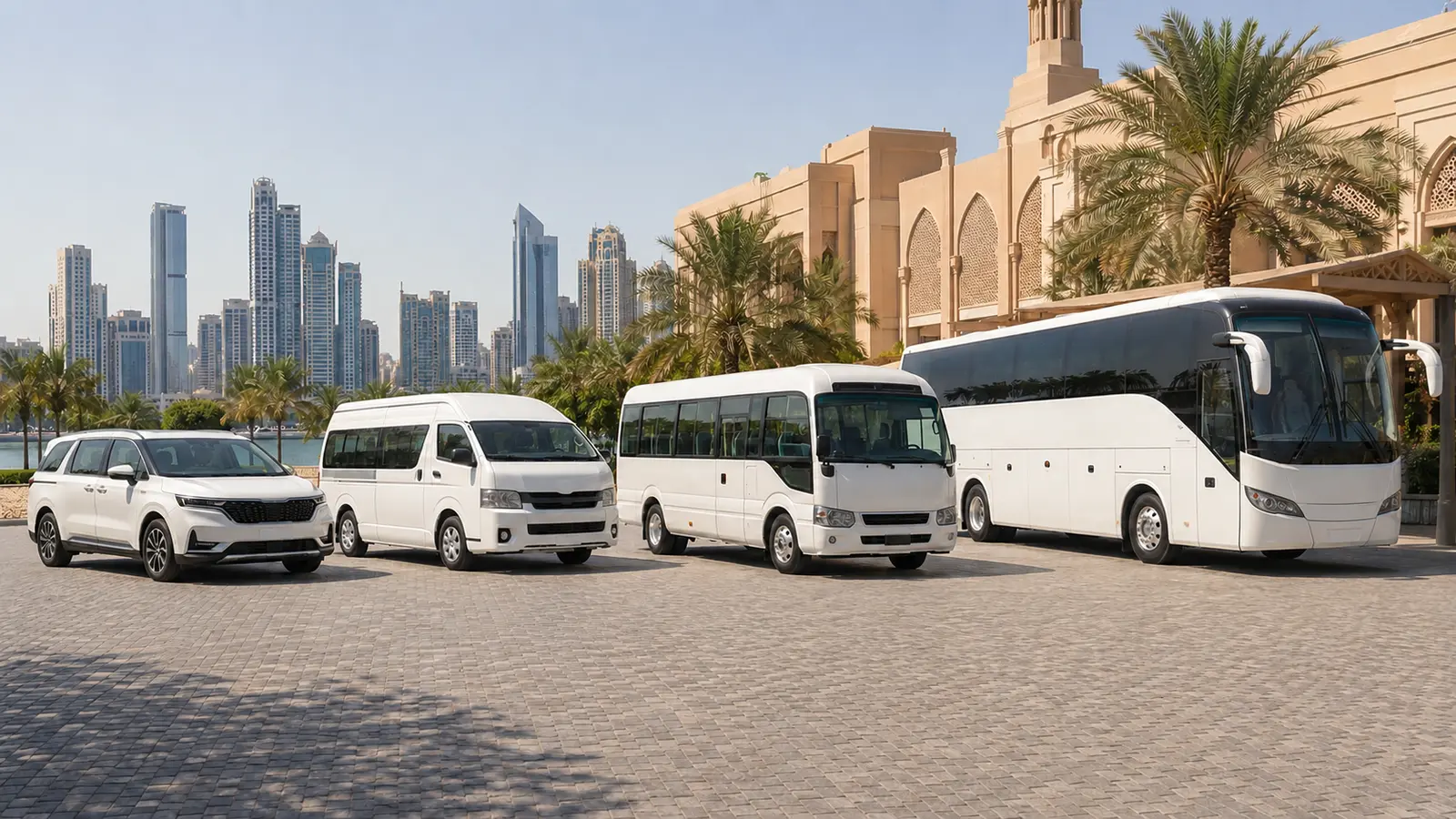 Bus World Sharjah fleet lineup from vans to coaches