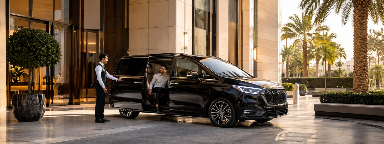 Professional driver assisting a passenger during a Dubai pick and drop service