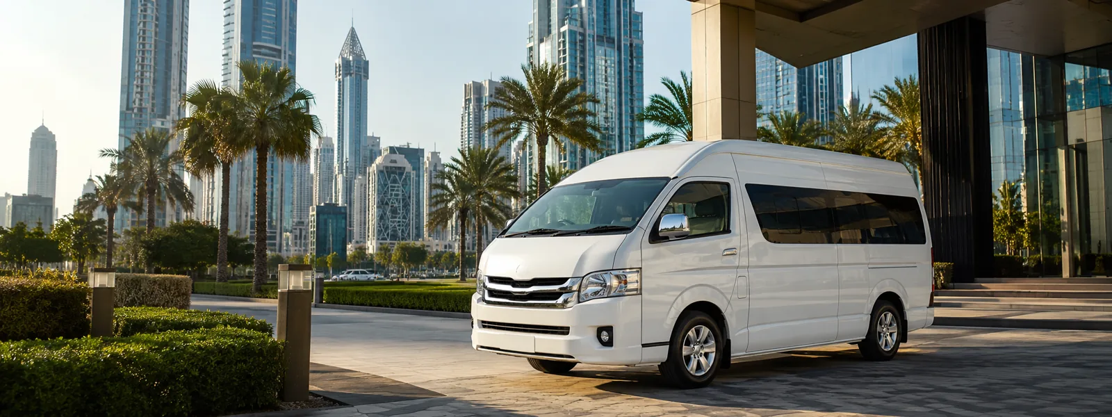 White passenger van parked in a modern Dubai business district