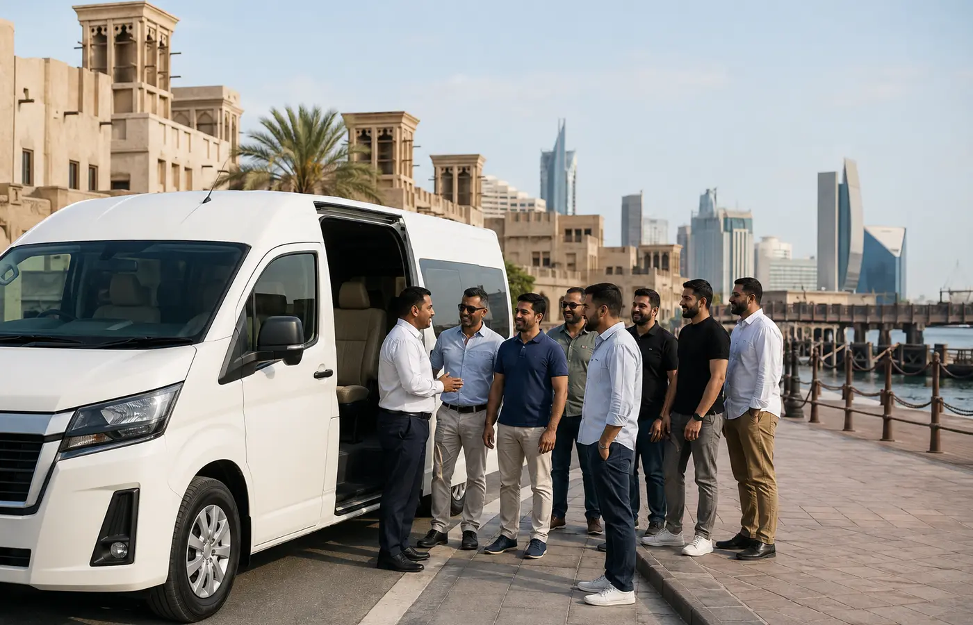 Private Dubai city tour vehicle passing a modern Dubai sightseeing district.